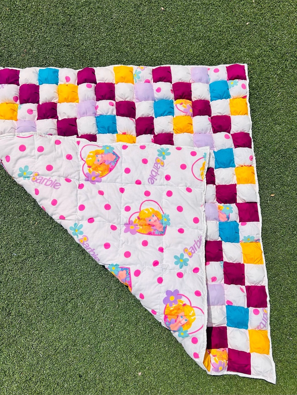 Handmade vintage Barbie checkered small Puff Quilt